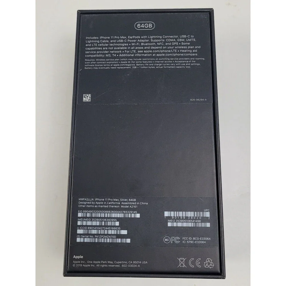Genuine OEM Apple iPhone 11 Pro Max RETAIL BOX - 64GB Silver + Insert